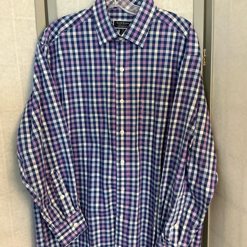 Club Room Men's Blue and Purple Checkered Shirt